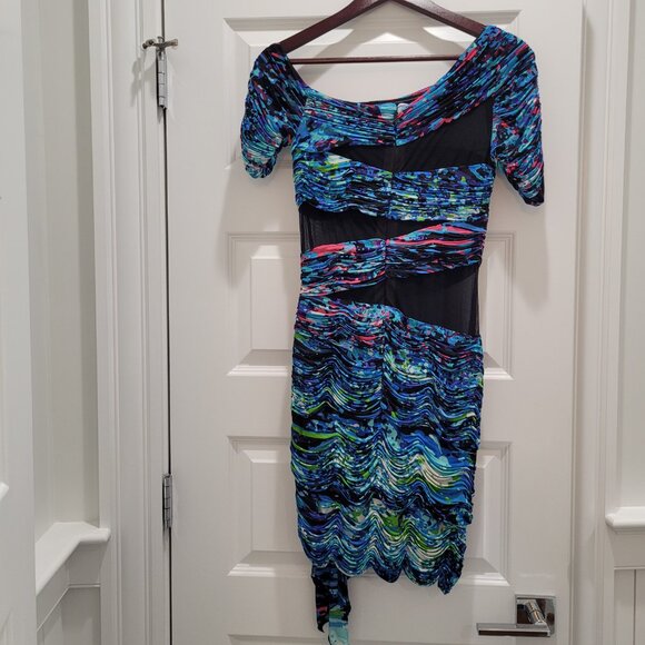 BCBG MAXAZRIA Runway Dress. Mesh Cutouts. Blue Abstract Bodycon. Size S. - Picture 11 of 16